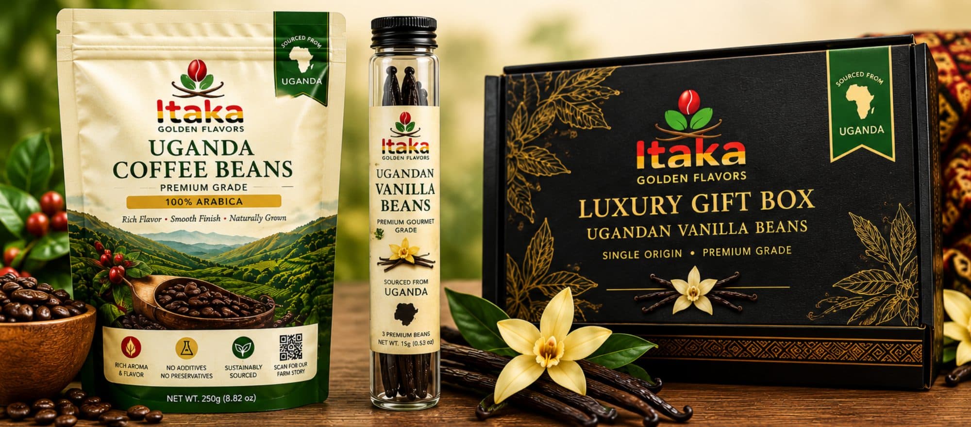 Itaka Golden Flavors packs: a pouch of Uganda coffee beans, a glass tube of Ugandan vanilla beans, and the luxury gift box.