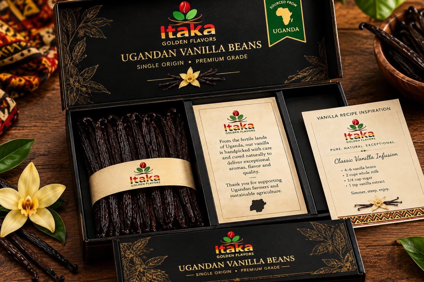 Open Itaka luxury gift box showing vanilla beans, story card and recipe card