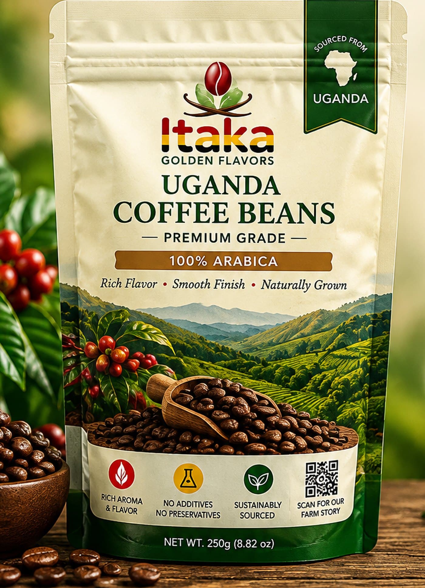 Pouch of Itaka premium grade Ugandan arabica coffee beans