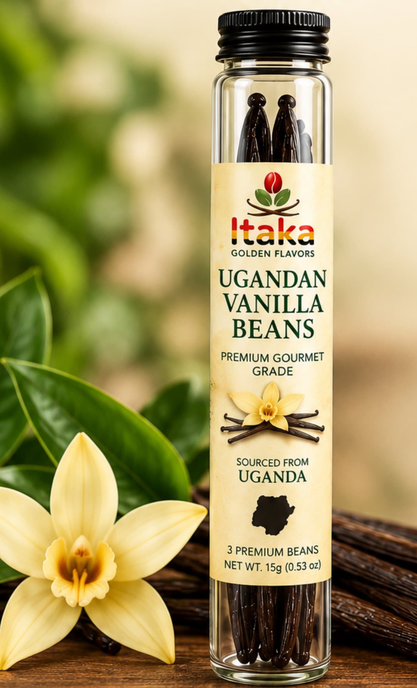 Ugandan vanilla beans in a sealed glass tube