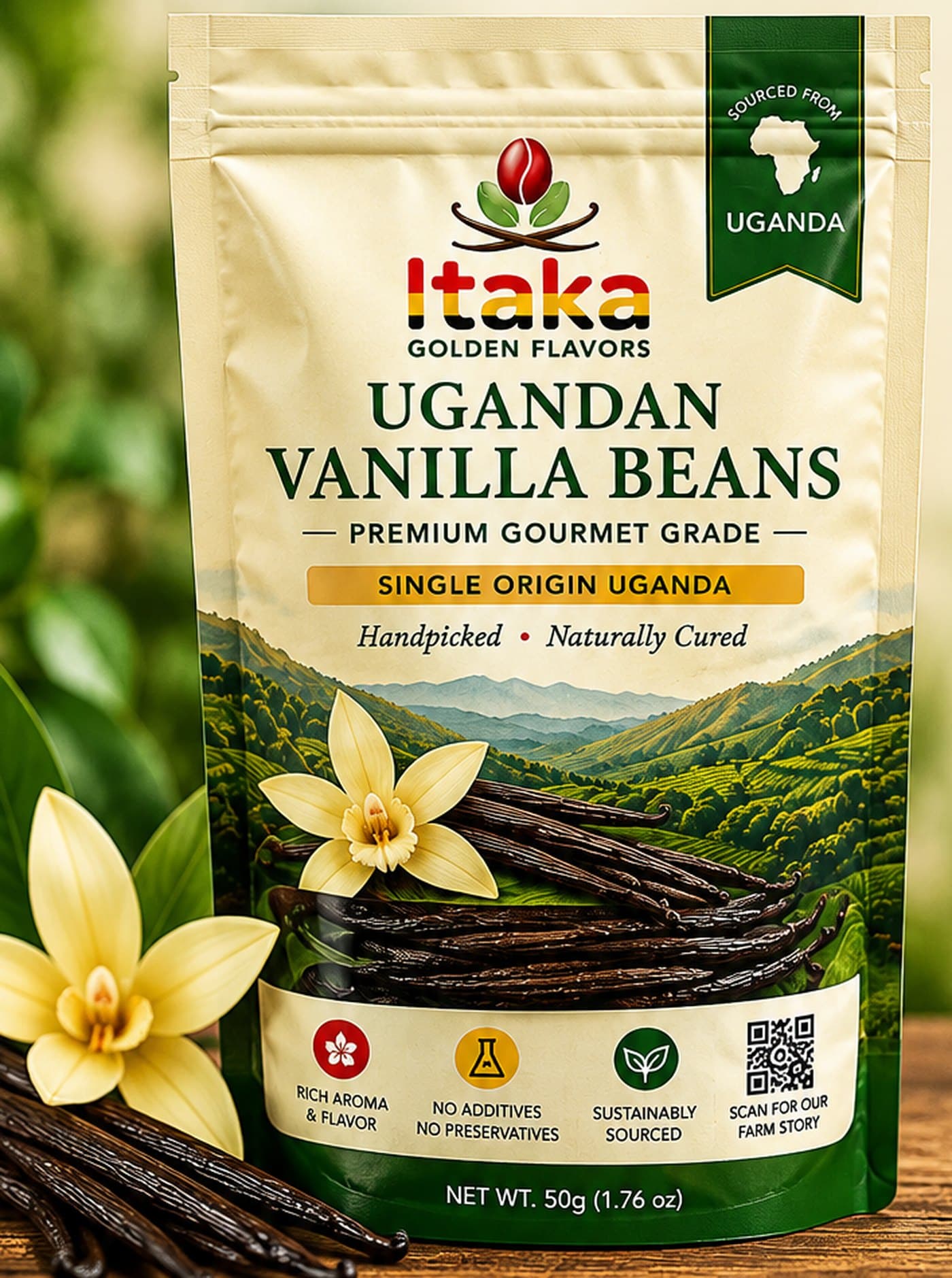 Resealable pouch of Itaka Ugandan vanilla beans